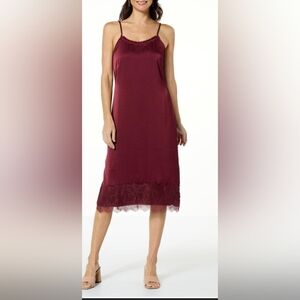 G By Guiliana Elegant Satin Burgundy Lace Trim Slip Dress. Black Label line.